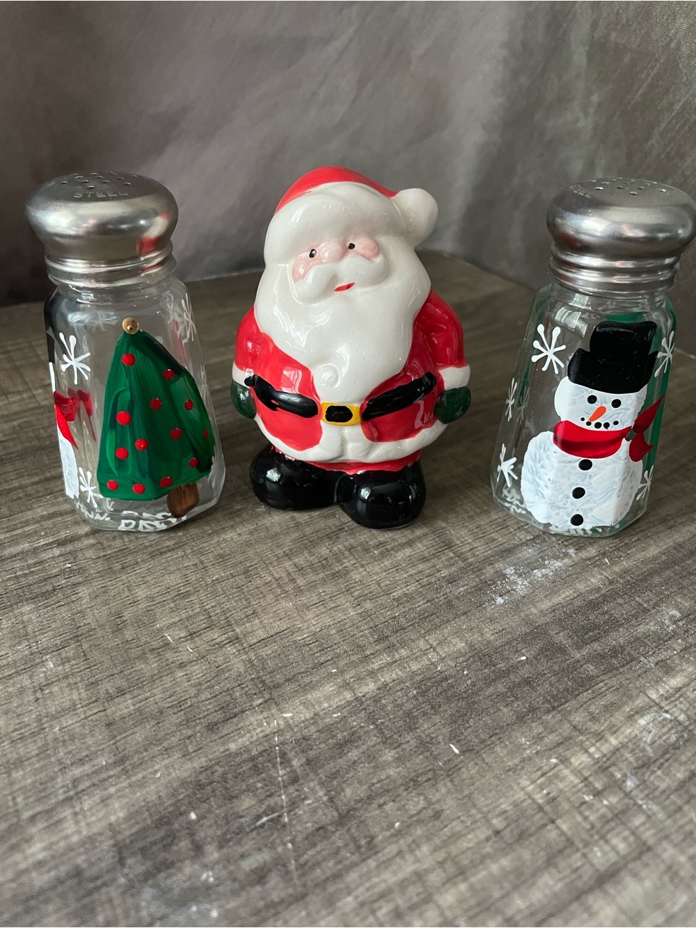 Vtg 3pc Christmas Hand Painted Glass Salt Pepper Shakers 2001 Santa Toothpick